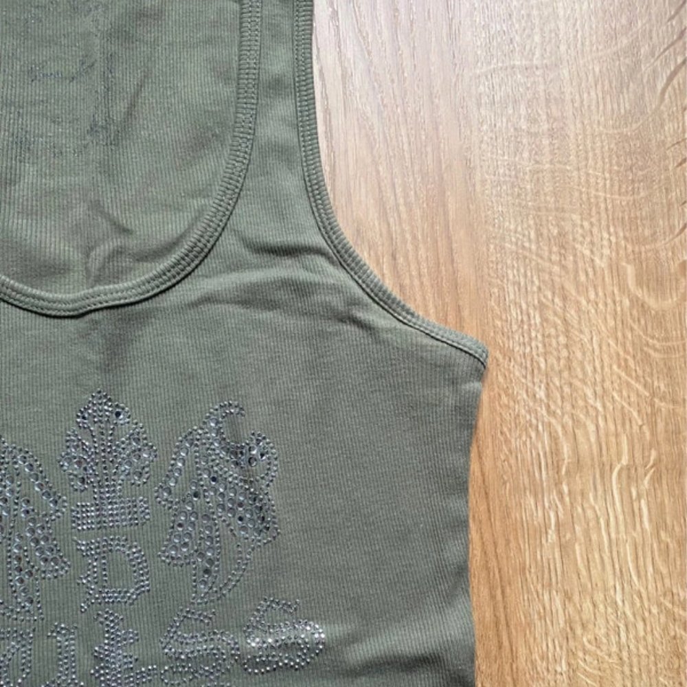 Vintage Sleeveless Guess Tank with Diamante Rhinestone Detail in Khaki Green